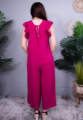 Classy Moves Deep Rose V-Neck Ruffled Cap Sleeve Wide Leg Jumpsuit