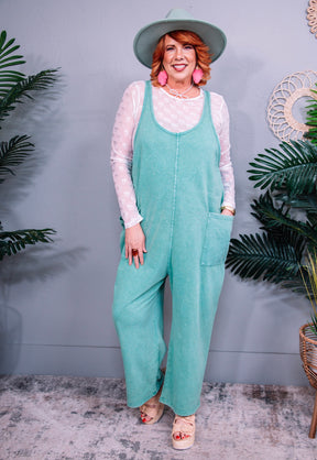 Chill In Comfy Seagreen Wide Leg Overalls