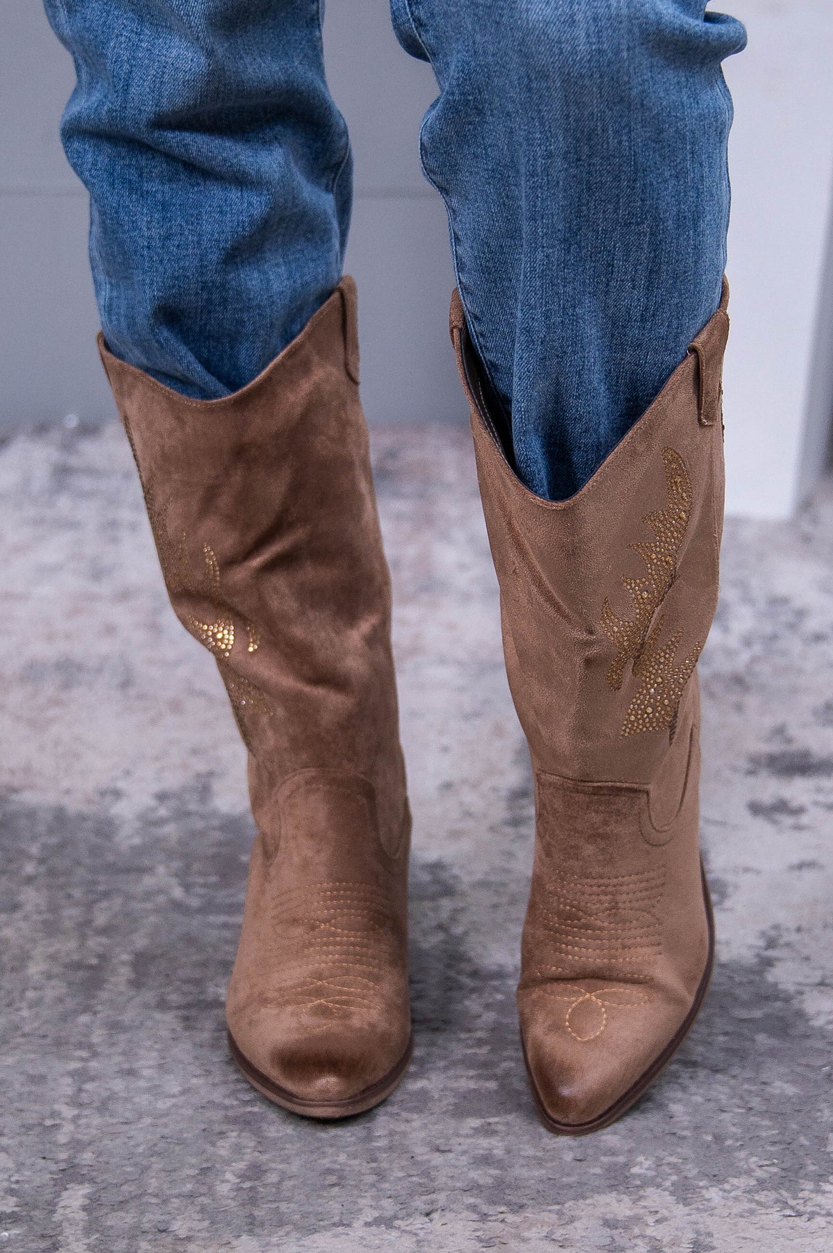 Keep Calm And Cowgirl On Taupe Bling Cowgirl Boots - SHO2732TA
