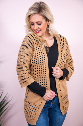 There's Something About You Camel Solid Star Knitted Mesh Cardigan - O5028CA