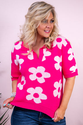Cue The Shine Fuchsia/White Floral Knitted Top - T9593FU