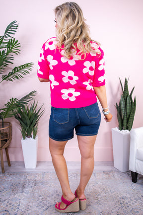 Cue The Shine Fuchsia/White Floral Knitted Top - T9593FU