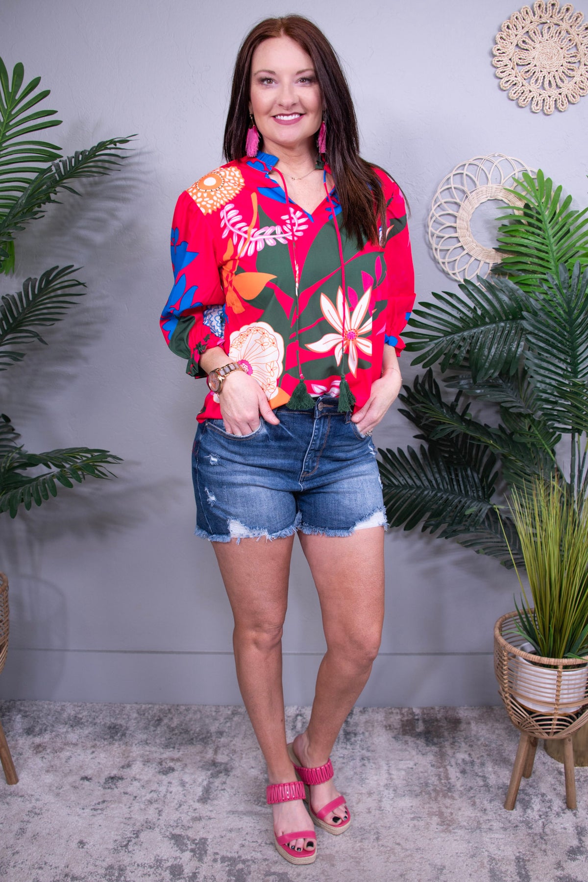 Keep It Fresh Flower Print Ruffled Puff Sleeve Top - T11180RD