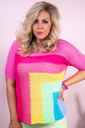 Radiating Sunlight Pink/Multi Color Mesh Knitted Top - T9594PK