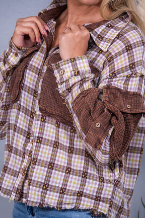 Over The Edge Coffee/Multi Color Plaid High-Low Top - T10427CO
