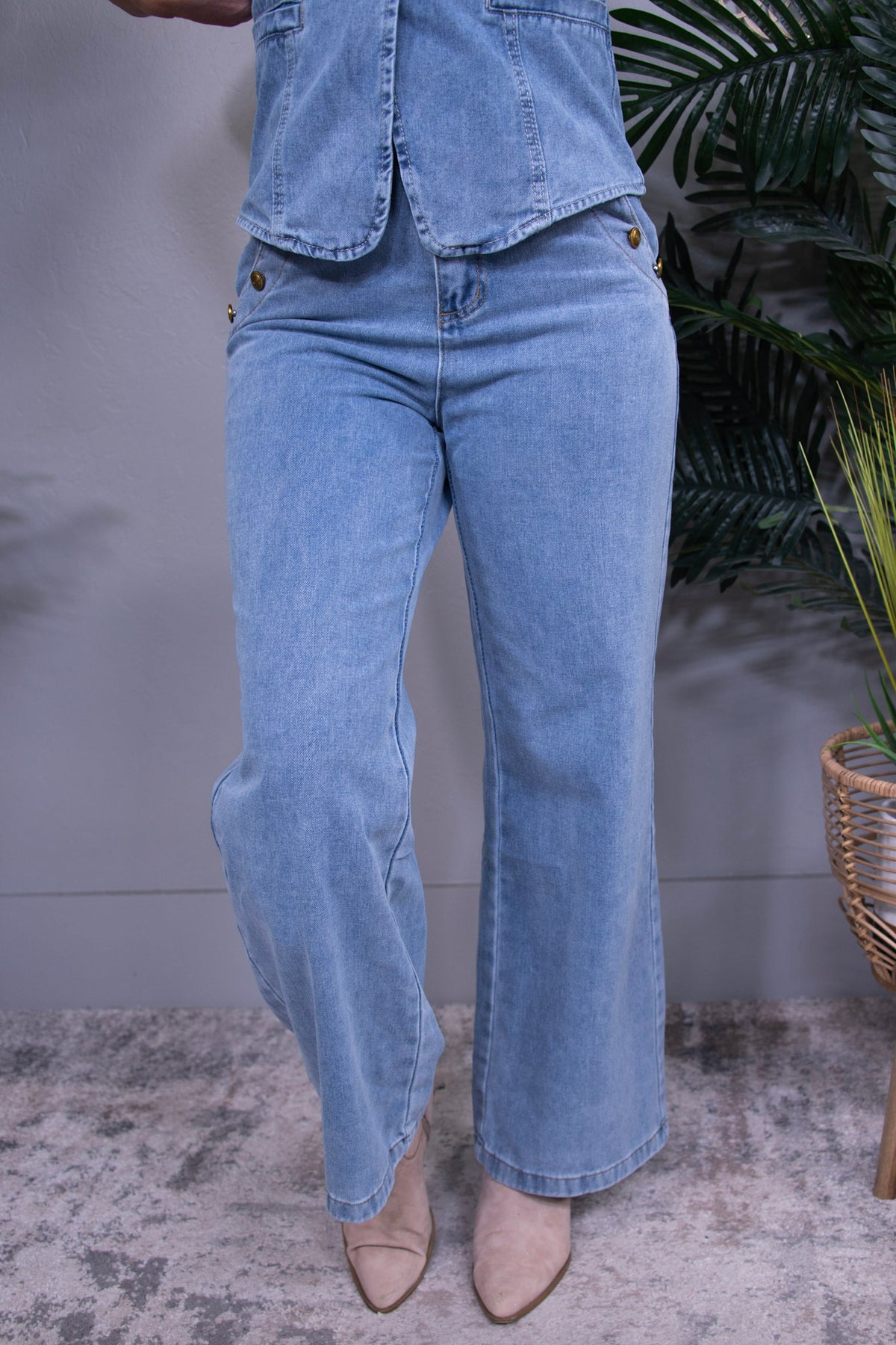 Denim On Point Light Blue Vest and Wide Leg Jean Denim Set - O5799DN