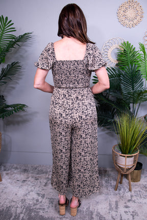 Dainty But Fierce Smocked Printed Square Neck Jumpsuit