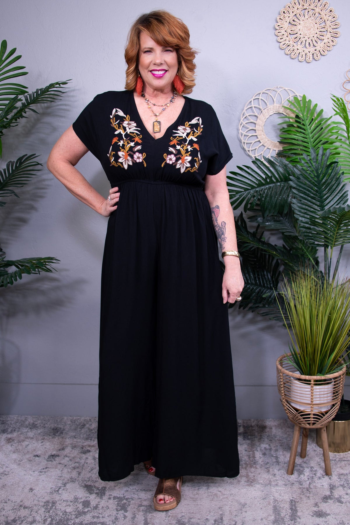 Vacay All Day Embroidered Ruched Jumpsuit RMP857BK