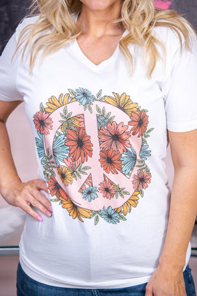 Simple Serenity White Floral Peace Sign Graphic Tee - A2833WH