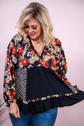 Country Life Black/Multi Color Floral/Printed Babydoll Top - T8193BK
