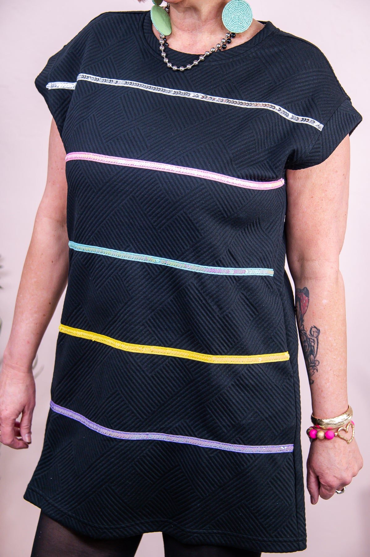 No One Cuter Black/Multi Color Striped Sequin Dress - D5101BK