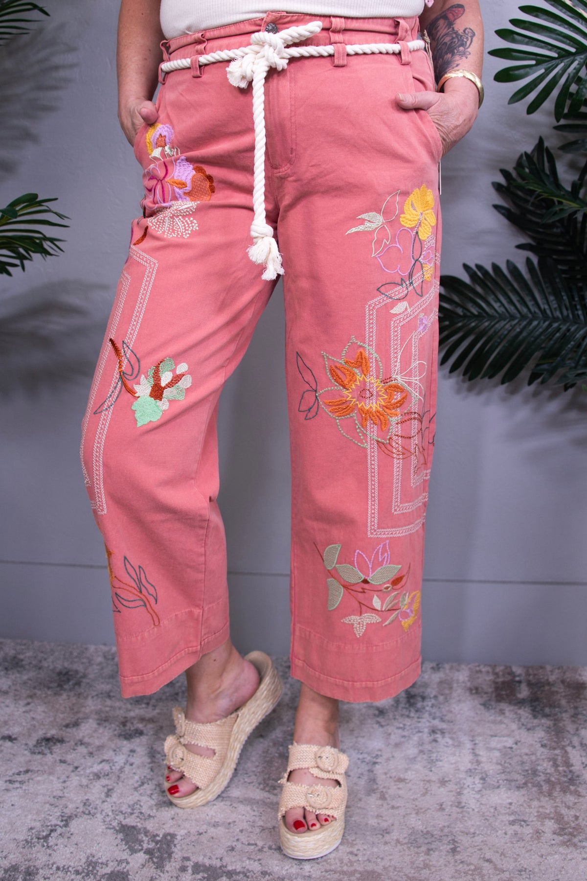 Picking Wildflowers Salmon Embroidered Pants - PNT1776SA