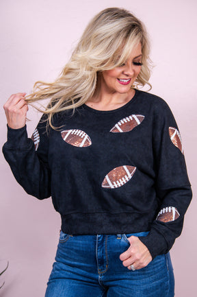Tailgates And Touchdowns Black/Brown Cropped Sequin Football Top - T8190BK