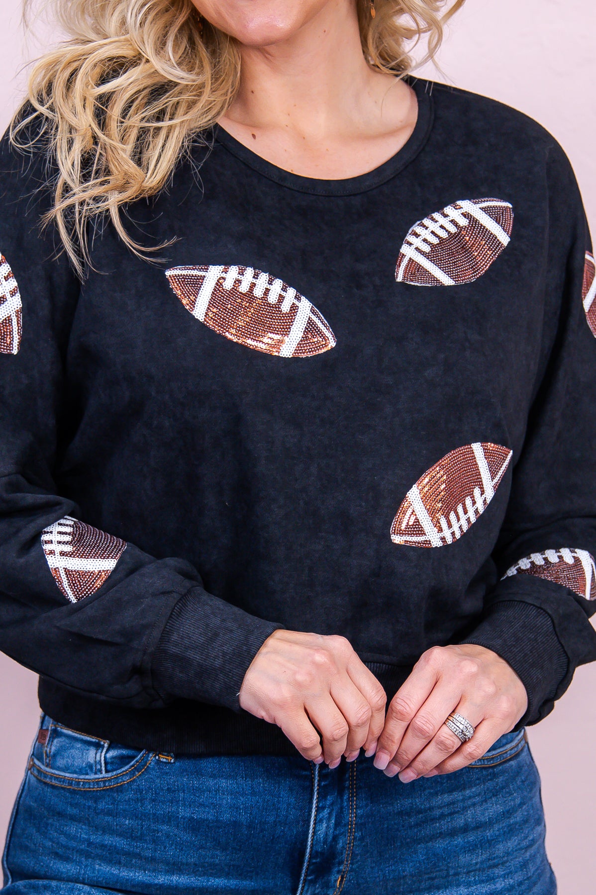 Tailgates And Touchdowns Black/Brown Cropped Sequin Football Top - T8190BK