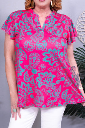 Thoughts Of You Fuchsia/Green Floral & Paisley Top - T10939FU