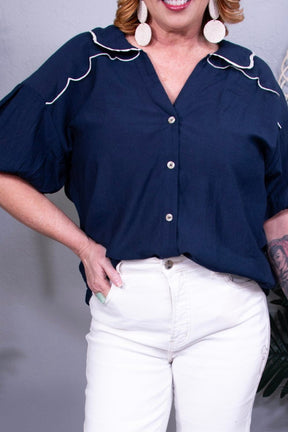 Navy State Of Mind Embroidered Top- T11209NV