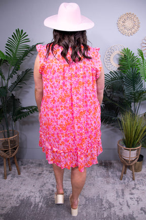 Feeling Hot Hot Hot Smocked Floral Hot Pink/Red Metallic Dress - D5611PK