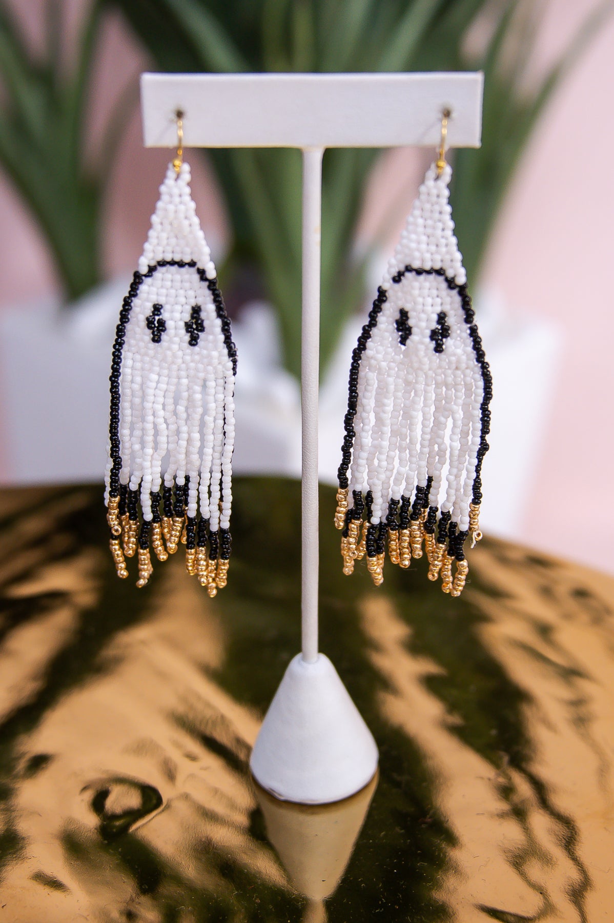 White/Black/Gold Seed Bead Ghost Earrings - EAR4155WH