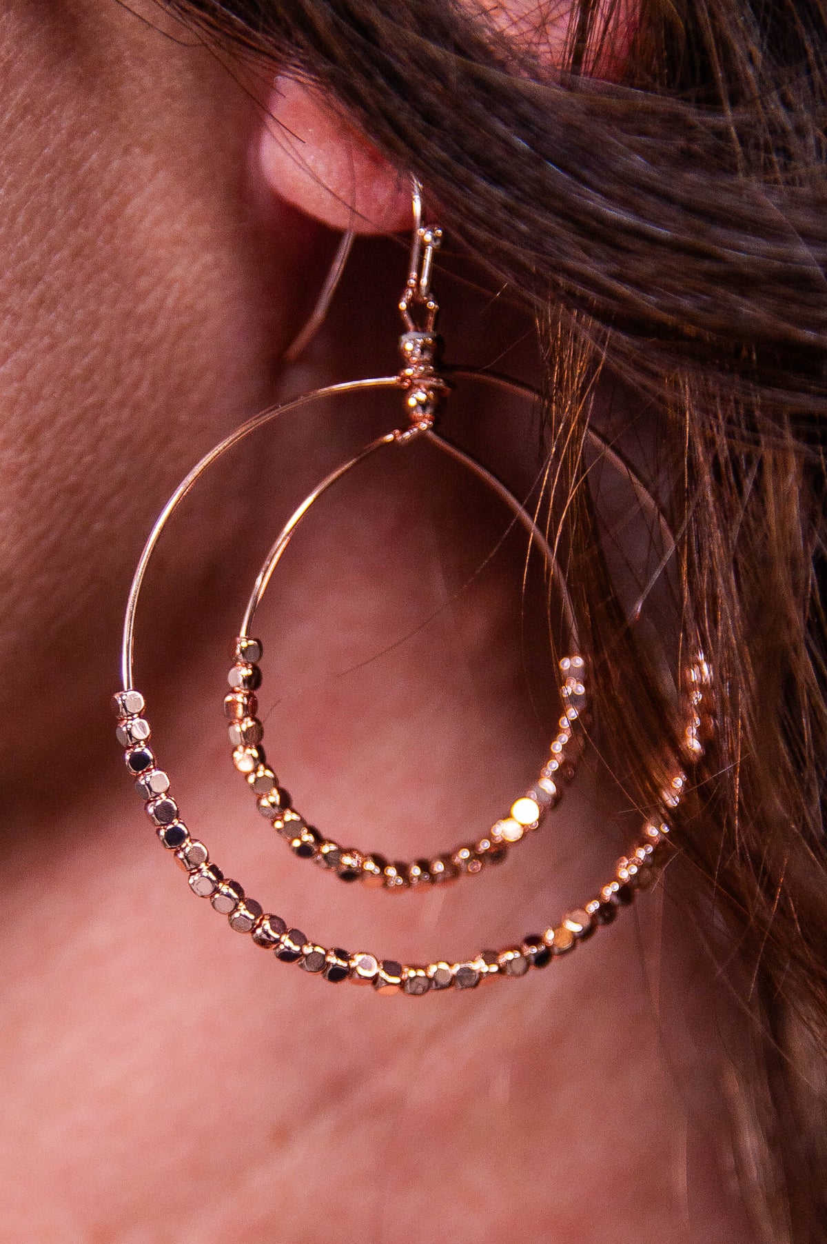 Rose Gold Beaded Double Circle Drop Earrings - EAR4392RGD