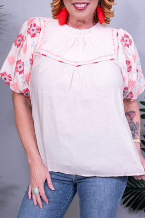 Girly Chic Cream Embroidered Puff Sleeve Top