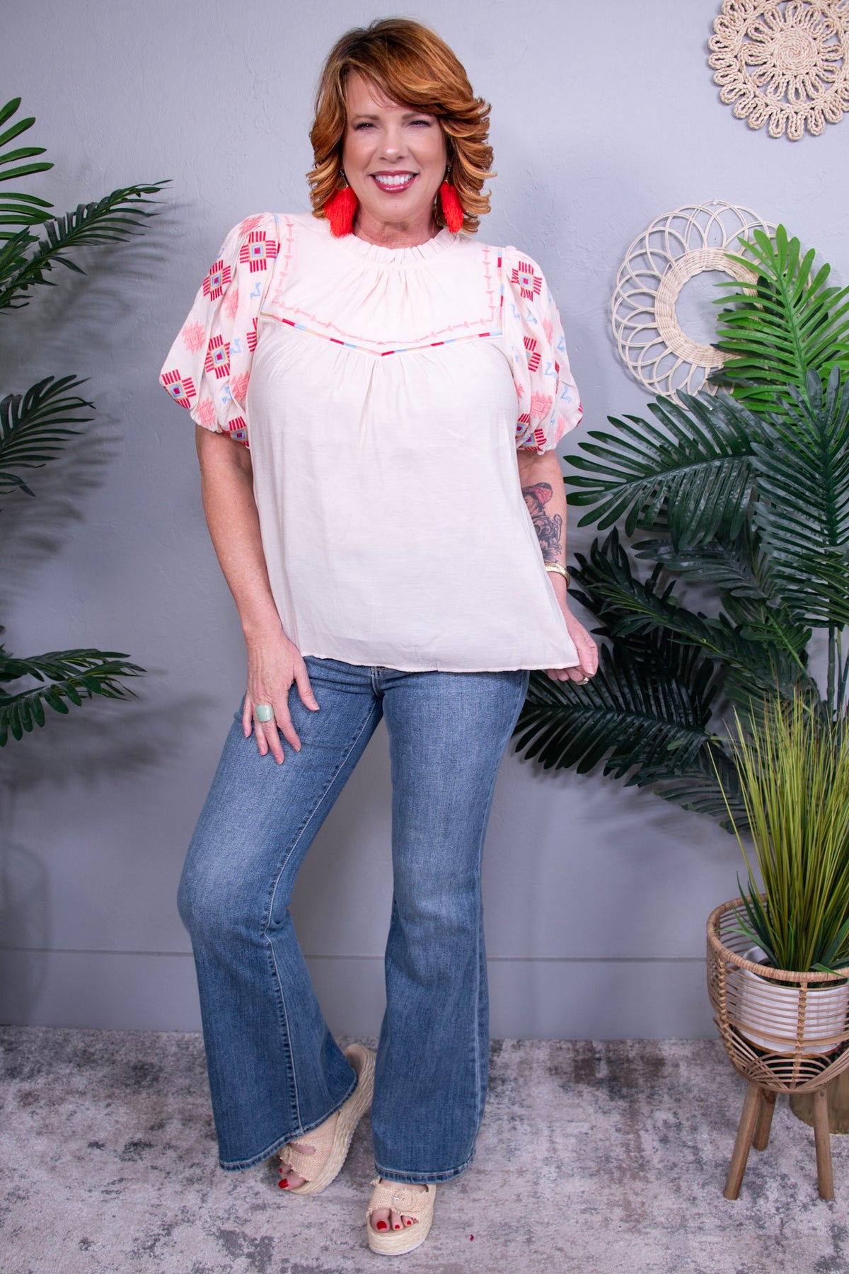 Girly Chic Cream Embroidered Puff Sleeve Top- T11293CR
