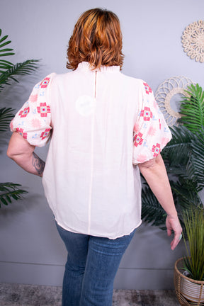 Girly Chic Cream Embroidered Puff Sleeve Top