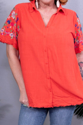 Paint It Red Linen Shirt with Embroidered Sleeves Top