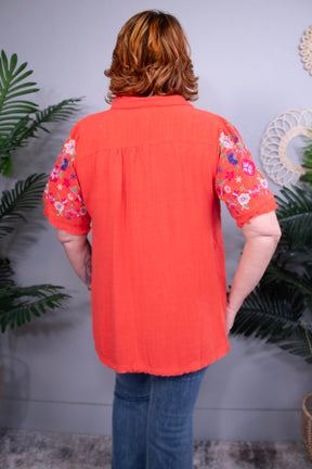 Paint It Red Linen Shirt with Embroidered Sleeves Top