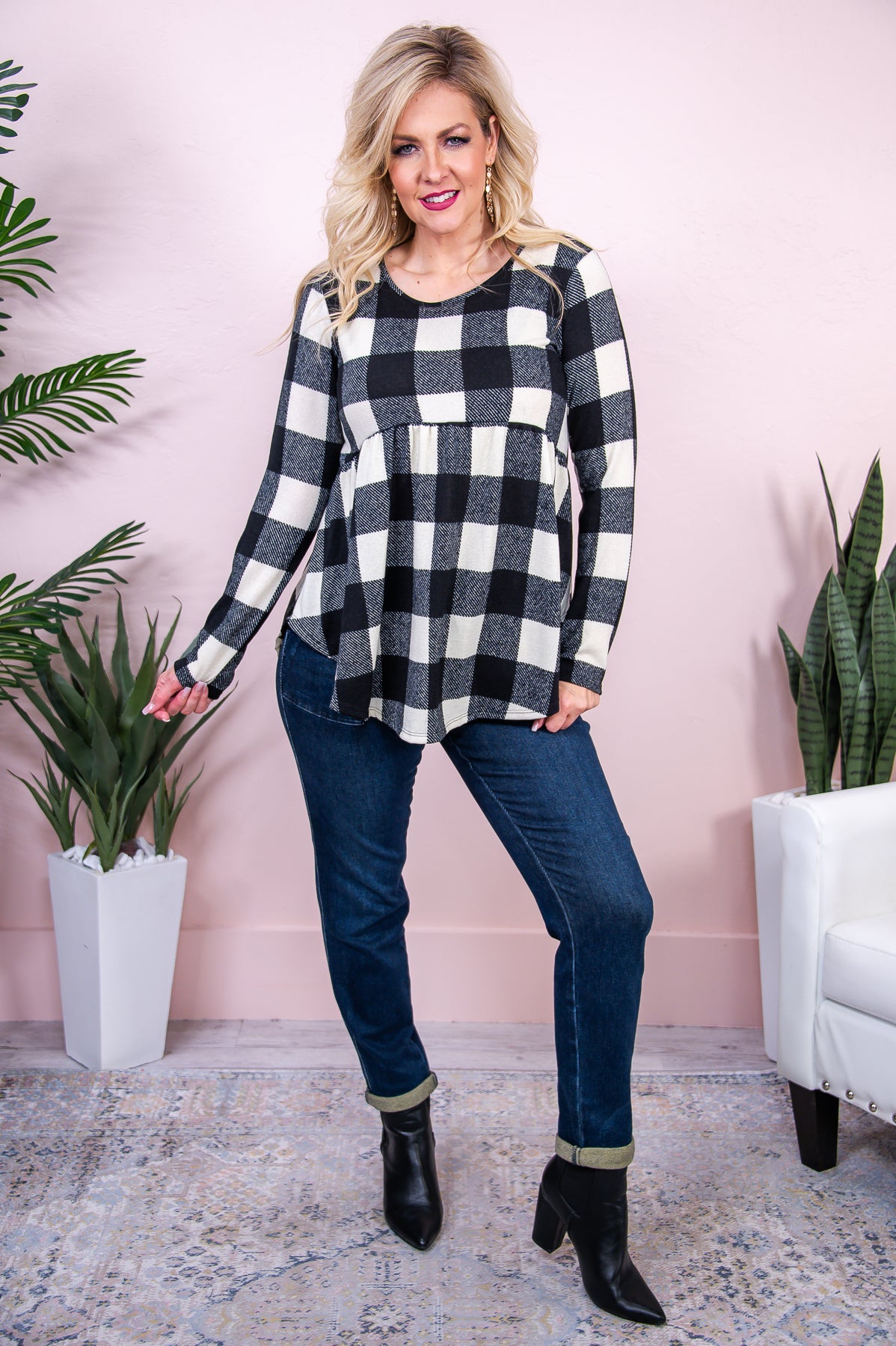 Life Well Lived Black/Ivory Checkered Babydoll Top - T8204BK