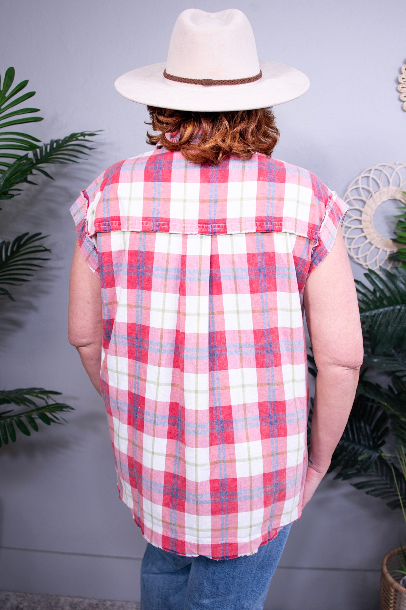 Plaid About You Red Mineral Wash Top - T11284RD