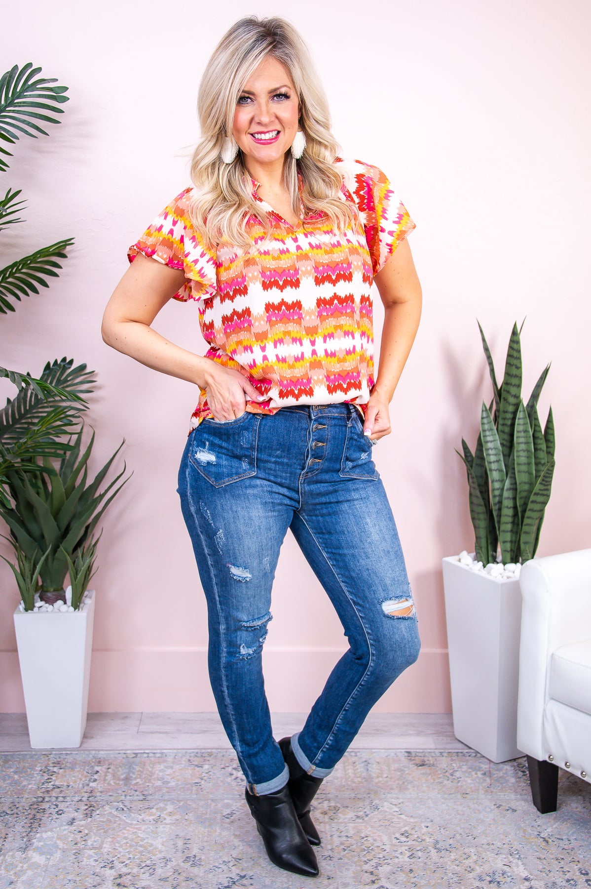 Elevate Your Fashion Pink/Multi Color Printed V Neck Top - T8844PK
