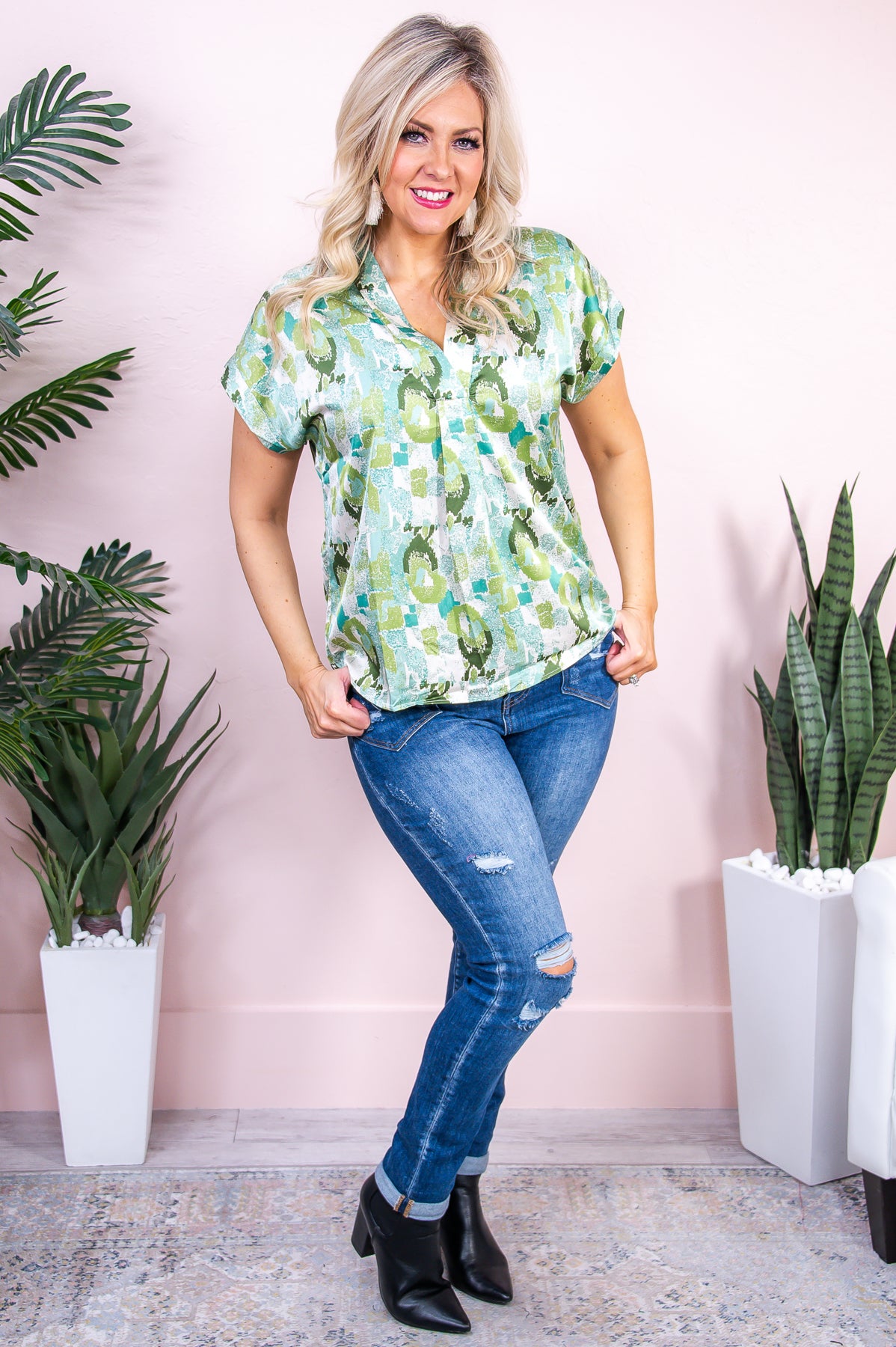 Embrace Your Blessings Green/Multi Color Printed V Neck Top - T8846GN