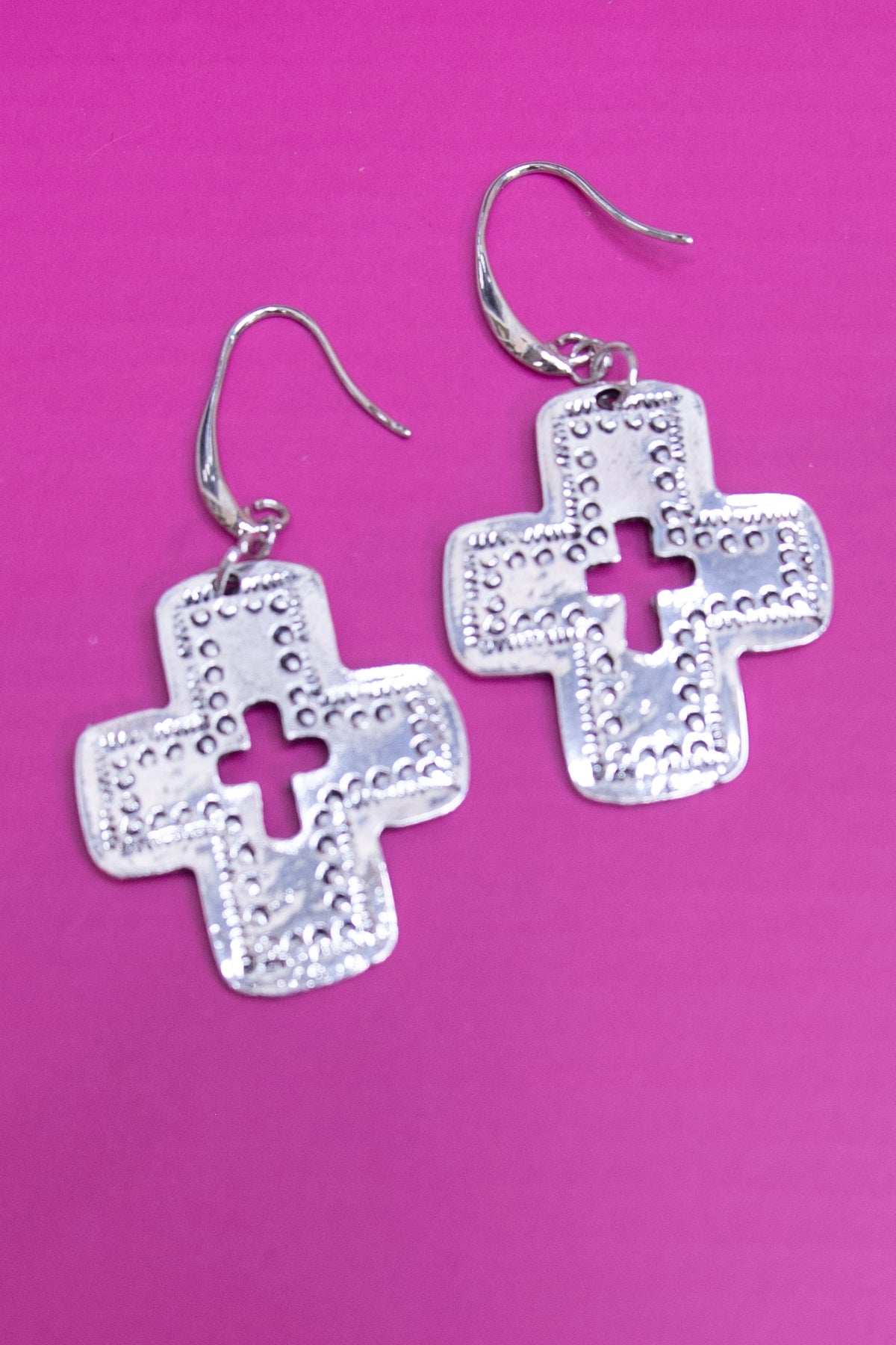 Silver Cutout Cross Dangle Earrings - EAR4485SI