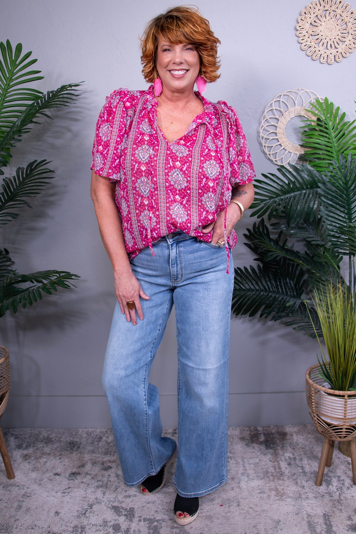 Moments Like This V-Neck Bell Sleeve Blouse- T11269PK