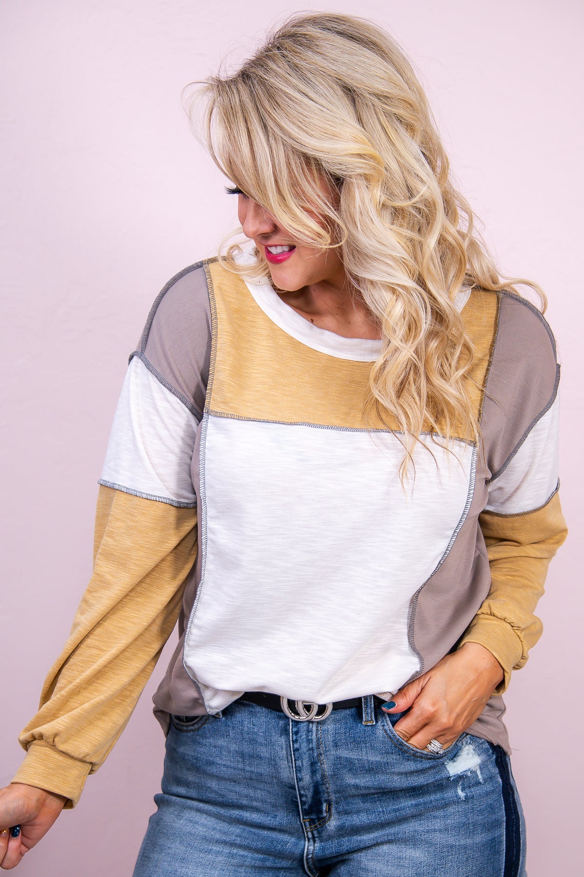 Stay Unique Ivory/Mustard/Mocha Colorblock Top - T8207IV