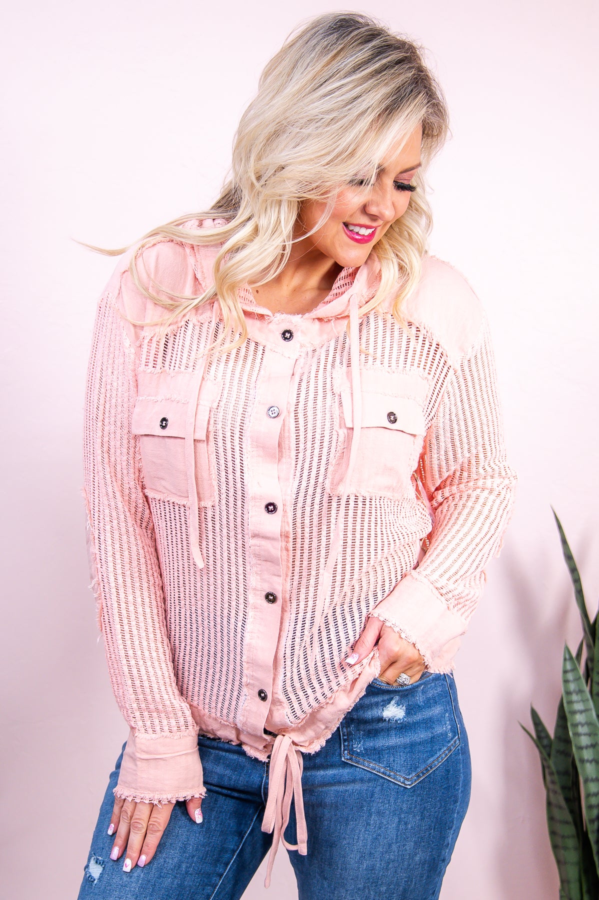 Rock This Look Light Pink Solid Knitted Mesh Jacket - O5293LPK