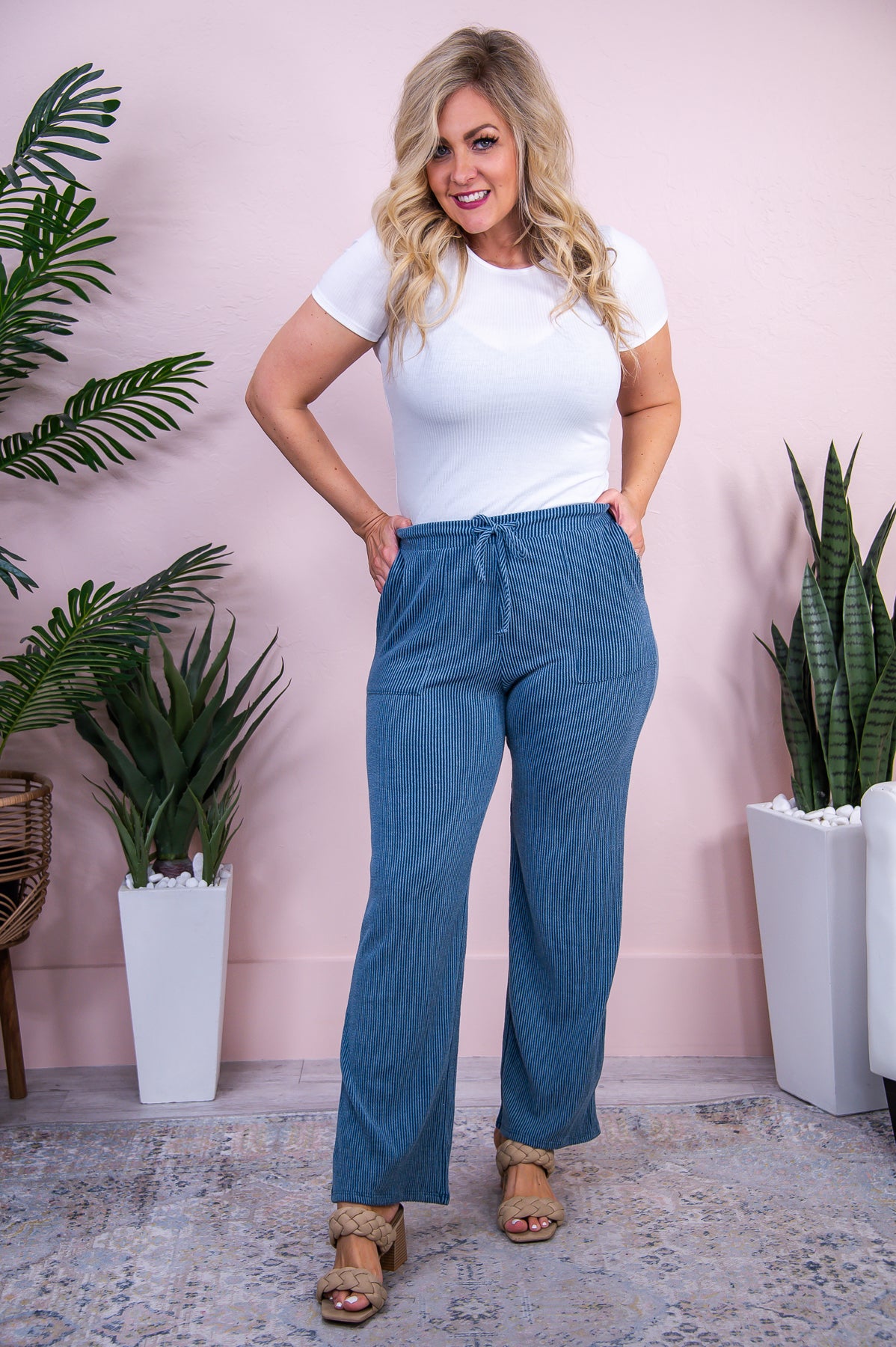 Between The Pages Light Navy Ribbed Pants - PNT1630LNV