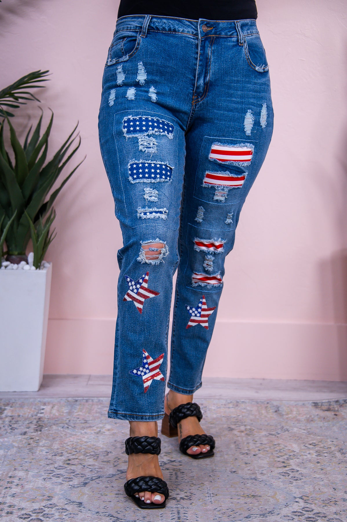 Independence Medium Denim/Multi Color Sequin American Flag Patch/Distressed Jeans - K1152MDN
