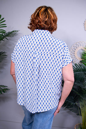 Slay The Fresh Royal Blue Printed Johnny Collar Top