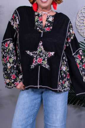 Chase The Star Black Floral Star Patch Top