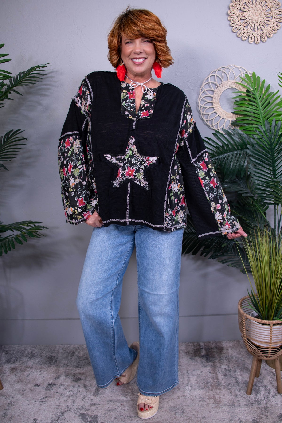 Chase The Star Black Floral Star Patch Top - T11275BK