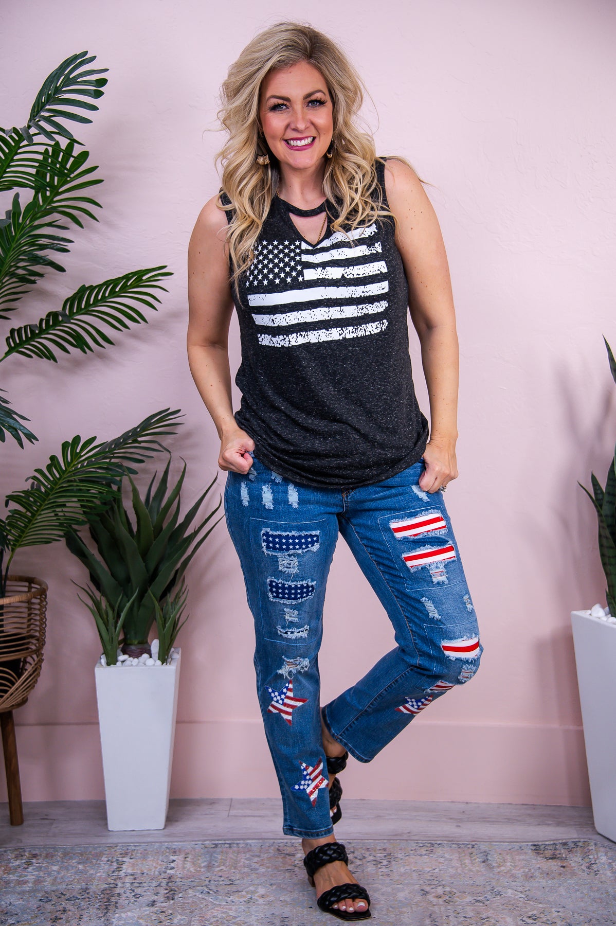 Give Me Liberty Heather Black/White Distressed American Flag Top - T9634HBK