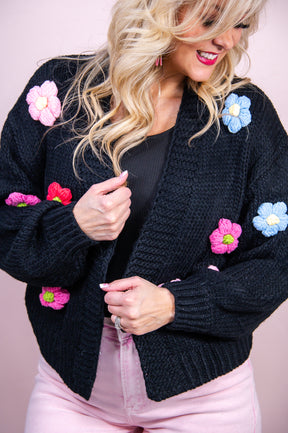 First Bloom Of Spring Black/Multi Color Knitted Floral Cardigan - O5301BK