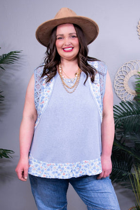 Chic In Lace Light Blue Floral Frayed Hem Top