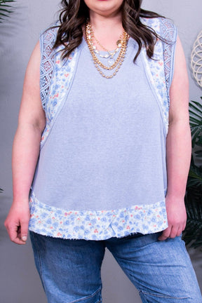 Chic In Lace Light Blue Floral Frayed Hem Top - T11267BL