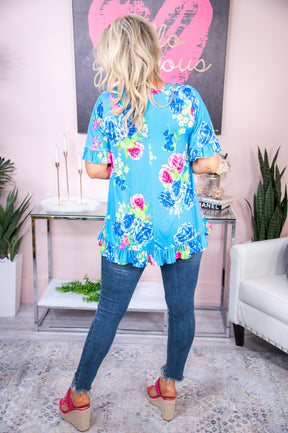 Happiness Is Blooming Blue/Green/Pink Floral Top - T7478BL