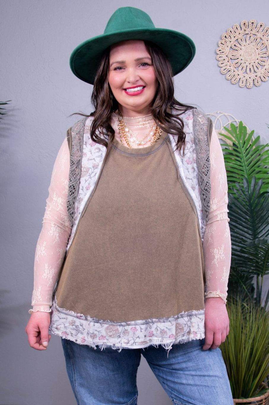 Chic In Lace Coffee Brown Floral Frayed Hem Top - T11263CF