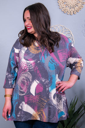 Let's Talk About It Charcoal/Multi Color Printed Top - T10457CH