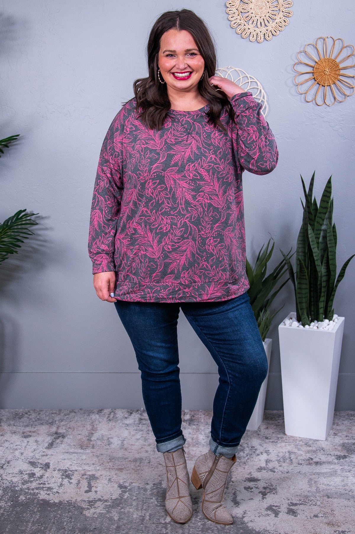 Small Town Talks Charcoal/Pink Floral Top - T10452CH