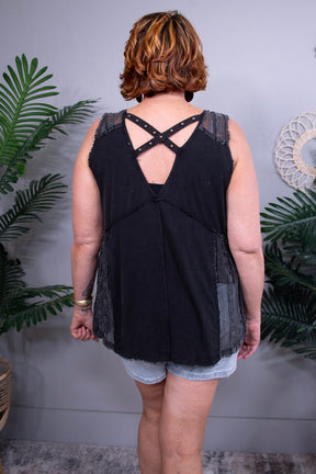 Studded With Attitude Lace Detail Studded Crisscross Back Top